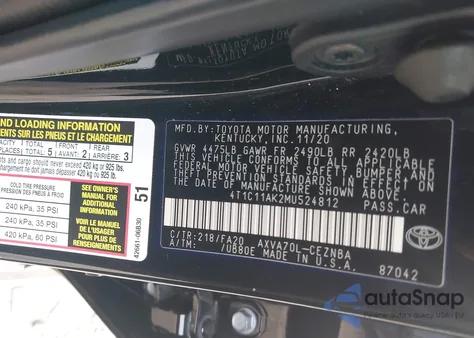 2021 Toyota Camry Le из США, поврежденный, VIN 4T1C11AK2MU524812